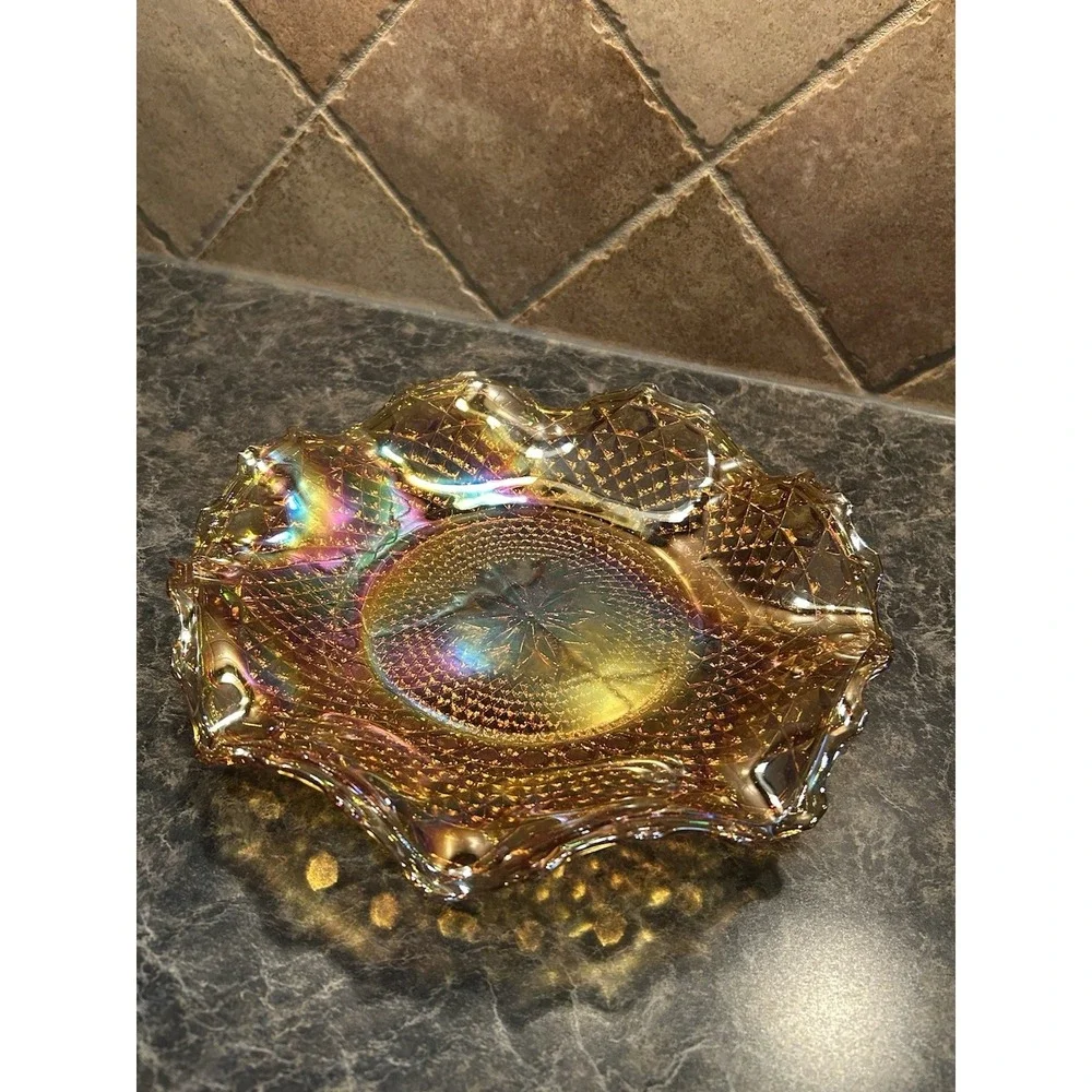 Vintage Indiana Carnival Glass Bowl Amber Marigold Scalloped Dish Iridescent 10